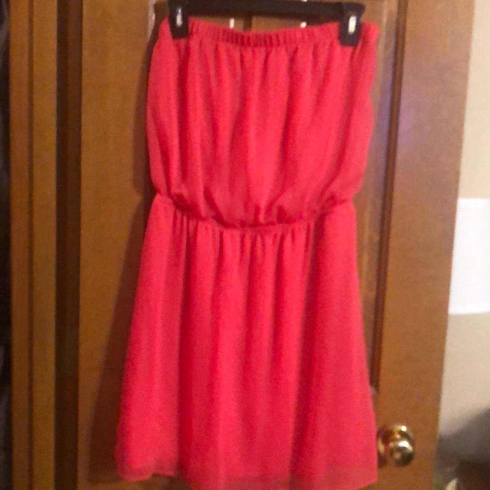 Strapless, orange, red express dress.